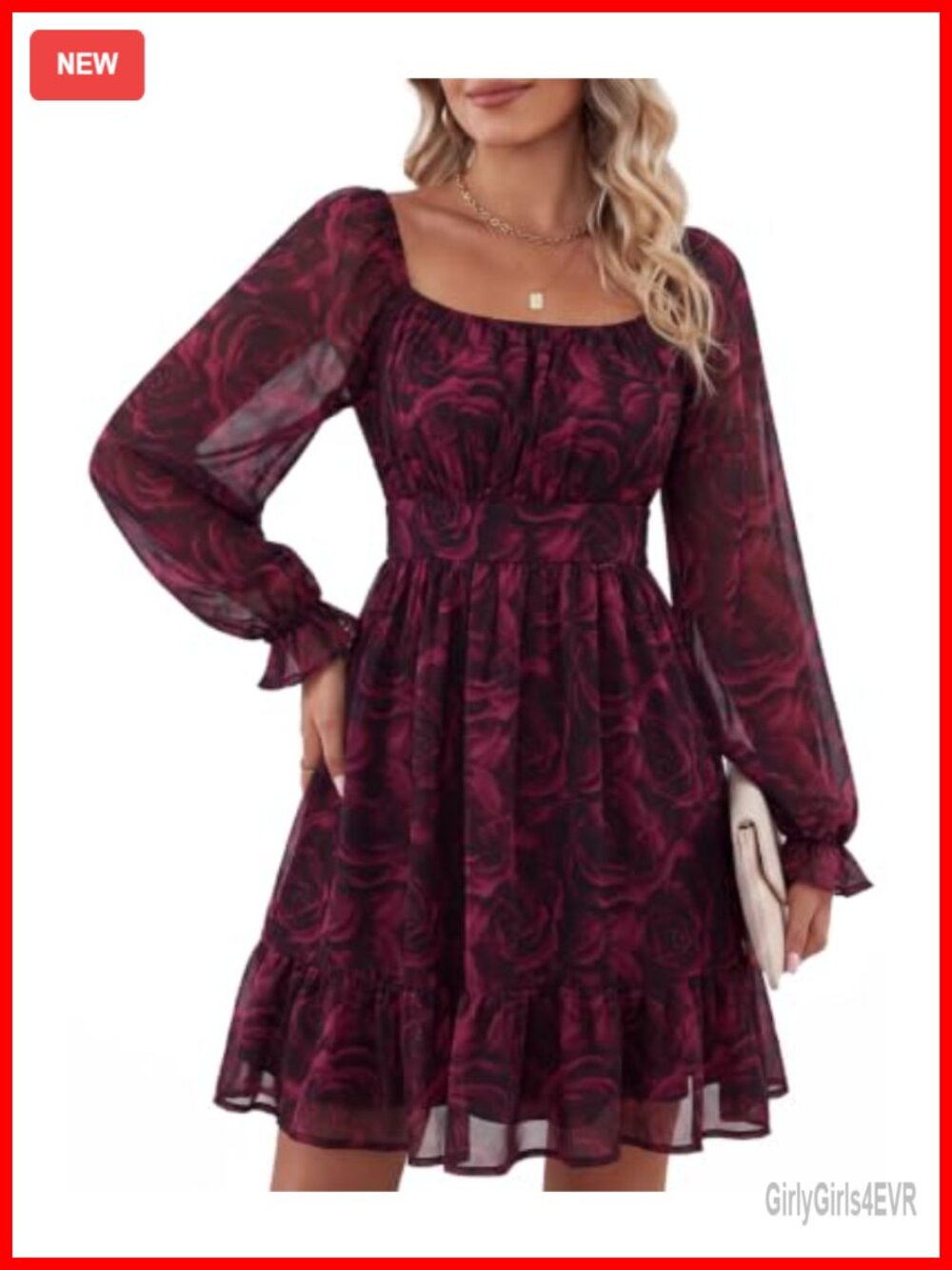 Long Sleeve A-Line Mini Chiffon Dress with Pockets